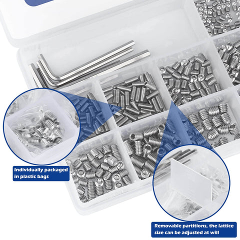 Complete Set Screw Kit 1000 Piece Cup Point Grub Screws With Internal Hex Drive Stainless Steel 304 Metric and SAE in storage box
