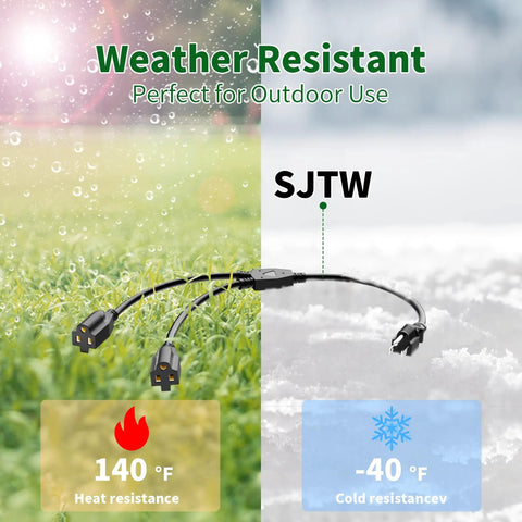 3 Prong Y Splitter Extension Cord One Foot Straight Plug To Two Outlet Space Saver For Indoor Outdoor Use Heavy Duty Weatherproof SJTW 16 AWG 13 A UL Listed Cable Extender shown in grassy and snowy outdoor setting