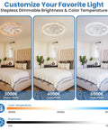 Compact 12 Inch Ceiling Fan With Led Light Remote Control Adjustable Socket Dimmable Bulb, showcasing brightness and color temperature settings.