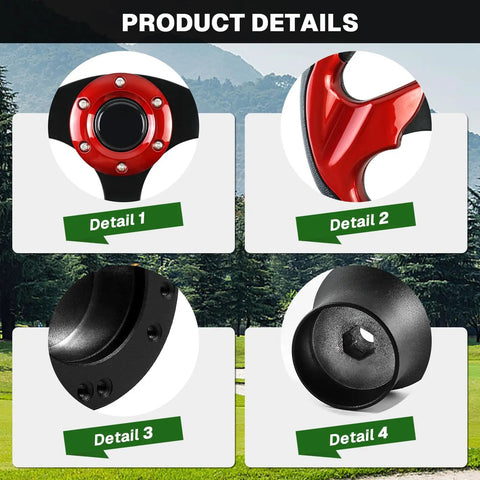 Close-up of features on a D Bottom Golf Cart Steering Wheel With Adapter For Precedent Carts Red Skid Finish Easy Install Upgrade.