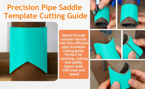 Pro Grade Pipe Saddle Template Cutting Guide Kit 11 pieces showing precise blue arc layout for 3/4 to 8 inch pipes