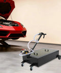 Heavy Duty 20 Gallon Oil Drain Pan With Pump For Garage Shop, steel cart with wheels next to a car for fluid changes.