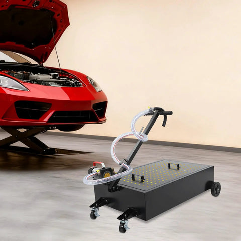 Heavy Duty 20 Gallon Oil Drain Pan With Pump For Garage Shop, steel cart with wheels next to a car for fluid changes.