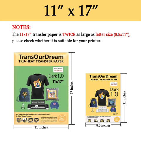 Dark Heat Transfer Paper For T Shirts And Dark Fabrics, 10 Sheets, 11x17 Inches, product size comparison with 8.5x11 inches
