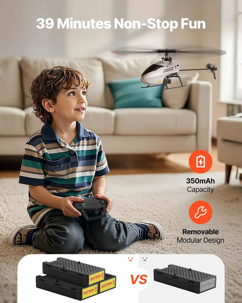 Child playing with Easy Start RC Helicopter For Beginners With Gyro 2.4GHz Remote OneKey Takeoff And Landing indoors