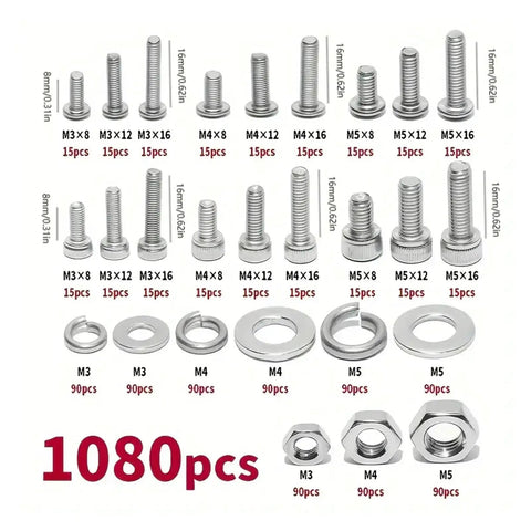 Epic 1080 Pcs M3 M4 M5 M6 304 Stainless Steel Button Head And Socket Head Screws Nuts And Bolts Kit with sizes and quantities.