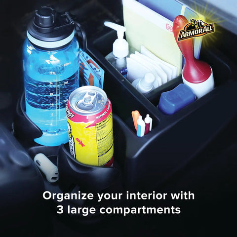 Car Console Organizer With Two Adjustable Cup Holders And Three Large Storage Compartments, Middle Seat Organizer With Seat Belt