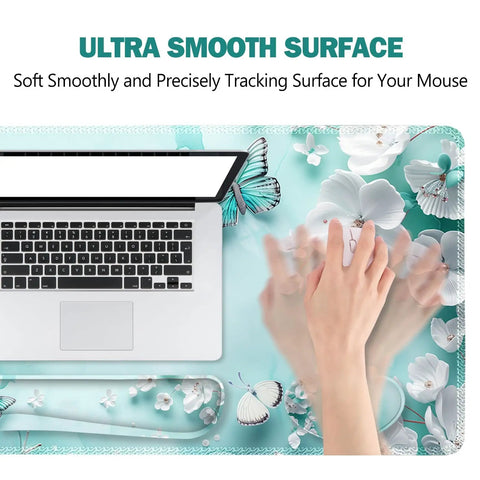 Dope Large 4 In 1 Mouse Pad Desk Pad Set With Keyboard And Mouse Wrist Rests XXL 35 By 15 Inch shown with teal butterfly design