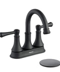 Matte Black Two Handle Centerset Bathroom Faucet With Three Hole Drain Assembly High Arc Four Inch Vanity Lavatory Tap Brass 360 Degree Swivel Spout Ceramic Cartridge Lead Free cUPC NSF61 CEC