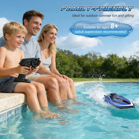 Family playing with Beast Speed 35KMH RC Boat With LED Lights, 2.4GHz Remote, Self Righting Hull in pool