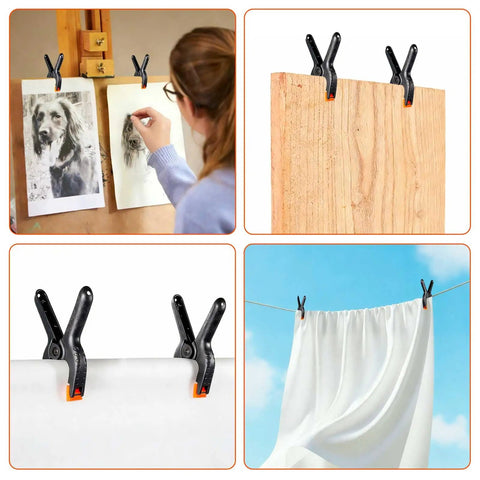 90 Degree Corner Clamps For Woodworking, Trigger Clamp Set holding art, wood, fabric, and paper, illustrating diverse usage