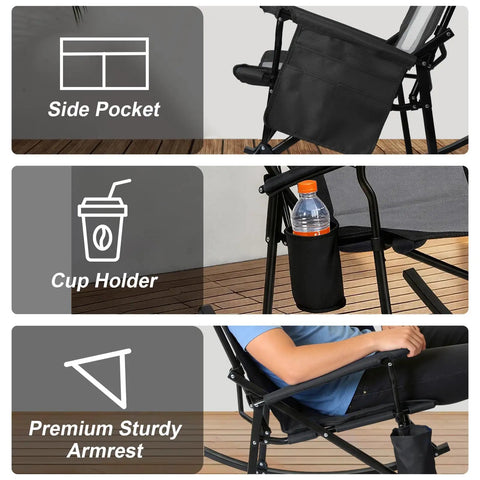 Two Pack Heavy Duty Folding Rocking Chairs For Adults 400 Lbs Capacity showing side pocket, cup holder, and armrest