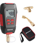 Digital HVAC Vacuum Gauge With Real Time Micron Readout 1/4 Inch SAE Connection Vacuum Meter For Refrigeration Systems And Heat Pumps Tracks Dehumidification And Impurity Removal During Service For Pros And DIY Techs. shown with fittings and case