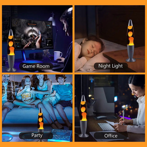 13 Inch Liquid Motion Lamp With Yellow Wax Flow In Clear Water Creates Cozy Vibe Ambient Night Light For Home Decor Living Room Bedroom Or Office Soothing Melted Wax Motion Show And A Dope Gift Idea in various settings; game room, night light, party, and office.