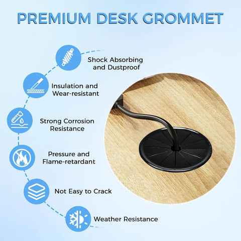 Eight Pack Cable Grommet Kit For Desks And Countertops, Snap In Round Nylon Grommets With Petal Shape, Black on wooden surface