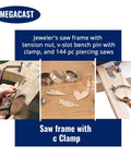 3 In 1 Pro Grade Jeweler's Saw Set With Frame And 144 Blades, Wooden Pin Clamp for wood and metal, shown in use