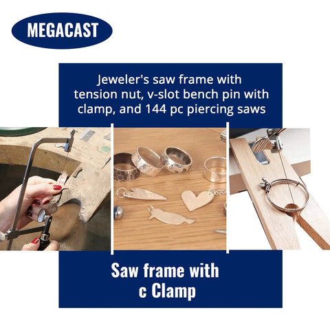 3 In 1 Pro Grade Jeweler's Saw Set With Frame And 144 Blades, Wooden Pin Clamp for wood and metal, shown in use