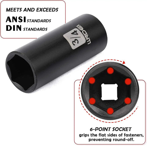 Impact Socket Set For Three Eighths Drive With SAE And Metric Sizes From Eight To Twenty Two Millimeters 48 Piece CRV Steel Six Point Sockets Plus Extension Bars Three Inch And Six Inch Reducer From Half To Three Eighths Universal Joint showing a single six-point socket
