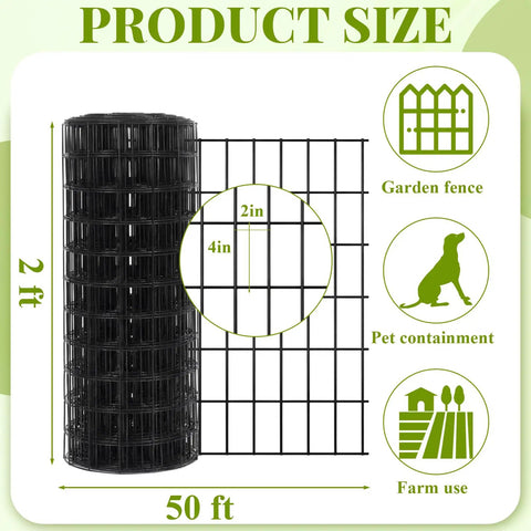 Heavy Duty Galvanized Welded Wire Fence Roll 24 By 50 Feet 2X4 Inch Steel Mesh for garden and pet containment, showcasing dimensions.
