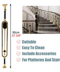 Slick Black And Gold Aluminum Balusters For Staircase And Deck Railings Tough As Nails Adjustable Spindles With Base Plates Rust Resistant Interior Exterior Balustrade Kit Ten Pack Oval Shape, displayed against a staircase.