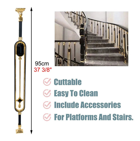 Heavy Duty Cuttable Aluminum Balusters Featuring Adjustable Angles And Tough Base Plates Decorative Oval Stair Spindles For Deck Balcony Railings 10 Pack Snap Fit Setup 95cm length with gold accents on black design.