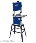 Heavy Duty Ten Inch Deluxe Bandsaw Featuring Half Horsepower Motor And Rock Solid Cast Iron Table Built For Sweet Curved Cuts And Badass Straight Cuts In Serious Woodworking Shops, shown with optional stand.