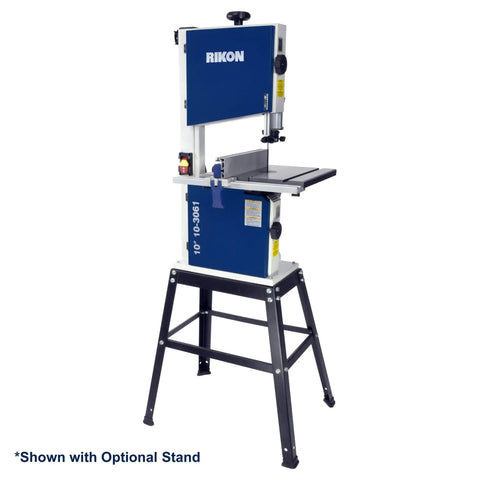 Heavy Duty Ten Inch Deluxe Bandsaw Featuring Half Horsepower Motor And Rock Solid Cast Iron Table Built For Sweet Curved Cuts And Badass Straight Cuts In Serious Woodworking Shops, shown with optional stand.