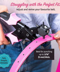 Leather Hole Punch Tool For Belts And Fabric Up To 5mm Thick, pink puncher in use on belt, double leverage design