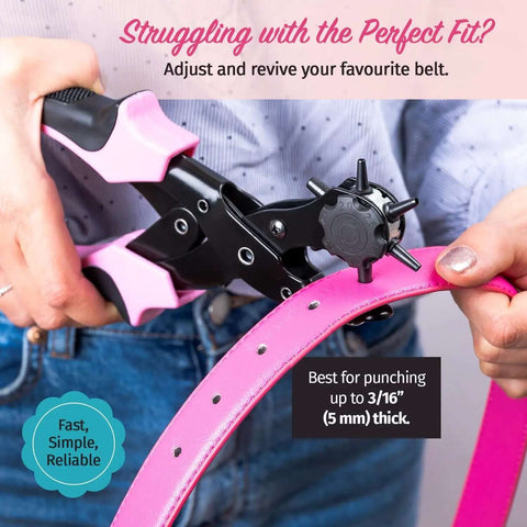 Leather Hole Punch Tool For Belts And Fabric Up To 5mm Thick, pink puncher in use on belt, double leverage design