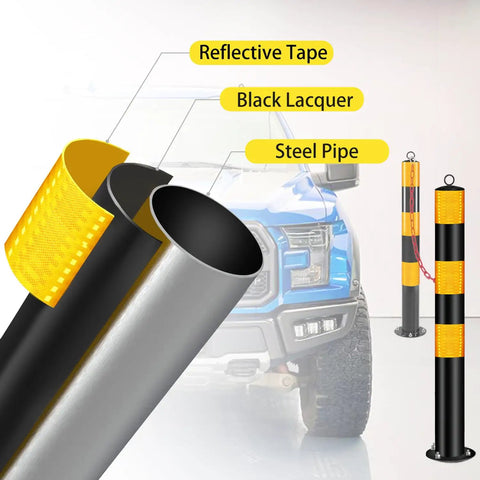 Rock Hard Steel Bollards 37 Inch With Glowing Reflective Tape showcasing steel pipes and reflective tape for vehicle separation.