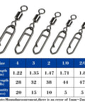 55 Piece High Strength Fishing Swivels Set With Barrel Swivels And Speed Clips Five Sizes From 28 Lb To 47 Lb For All Rigs Rugged Snap Swivels In A Handy Storage Case For Freshwater And Saltwater Angling size chart with snap swivels, barrel swivels, and speed clips