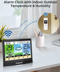 Wireless Indoor Outdoor Weather Station With Thermometer Hygrometer Dew Point And Heat Index Touchscreen LCD Display Alarm Clock Adjustable Backlight Max Min Temperature And Humidity Readouts displaying data on desk