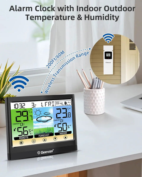 Wireless Indoor Outdoor Weather Station With Thermometer Hygrometer Dew Point And Heat Index Touchscreen LCD Display Alarm Clock Adjustable Backlight Max Min Temperature And Humidity Readouts displaying data on desk