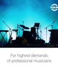 Stage setup silhouette with drum kit, keyboard, microphones, and K&M logo on a blue background for musicians.