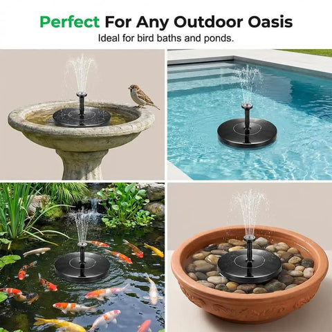 Solar Powered Floating Fountain For Bird Bath And Pond Easy Setup Outdoor Water Feature That Starts In Seconds In Direct Sunlight No Wiring Great Backyard Garden Decor For Pools Ponds And Lakes Black Six Point Three Inch in bird bath, pool, pond with fish and clay bowl.