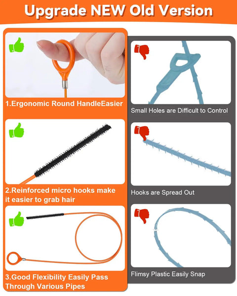 Comparison of ergonomic handle, micro hooks, and flexibility in 32 Inch Anti Break Metal Drain Snake 6 Pack Hair Clog Remover.