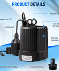 Submersible Sump Pump One Third HP 1600 GPH With Float Switch, showing 10 Ft Power Cord and portable handle