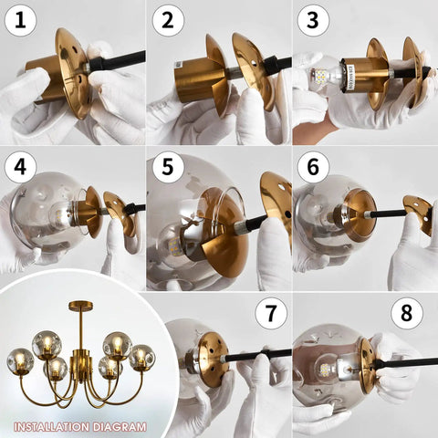 Installation steps for Gold 6-Light Sputnik Chandelier With Glass Shade, Modern Farmhouse Ceiling Pendant Light Fixture.