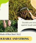 Gardener using Japanese Weeding Sickle Thin Blade High Grade Blue Steel No 2, 7.09 Inch Blade in field of grass