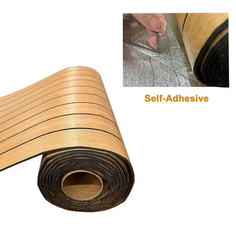 PVC Slat Wall Panel Peel And Stick Self Adhesive Wallpaper 3D Tiles With Realistic Faux Wood Grain showing roll and adhesive backing.