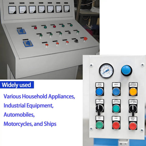 Control panel featuring red and green 2 Pack 22mm Momentary Push Button Switches 1NO 1NC SPDT on metal panel, widely used in industry.