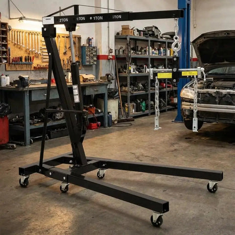 Bad Boy Heavy Duty Folding Hydraulic Engine Hoist And Cherry Picker Rock Solid Shop Crane crushing loads in a garage workshop.