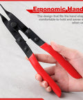 Angle Tip Lock Ring Pliers For Snap Rings And Retaining Rings with ergonomic red handle and knurling tips ideal for mechanics.