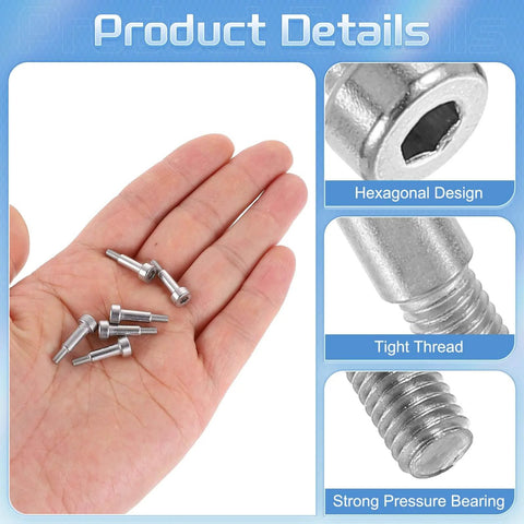 Close-up of Six Pack 304 Stainless Steel Shoulder Bolts With 4mm Shoulder Diameter and 10mm Shoulder Length M3 Thread Hex Socket.