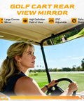 Universal Heavy Duty Golf Cart Rear View Mirror Offering Crystal Clear Panoramic Vision With Smooth 270 Degree Rotation visible in use.