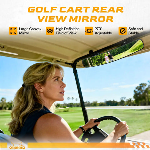 Universal Heavy Duty Golf Cart Rear View Mirror Offering Crystal Clear Panoramic Vision With Smooth 270 Degree Rotation visible in use.