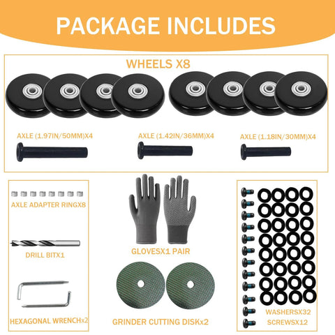 Luggage Wheel Replacement Kit For Suitcases And Trolleys 2.13 Inch Diameter 54mm Eight Silent Wheels Includes Washers Screws