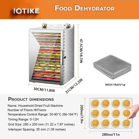 Top Notch Stainless Steel Electric Food Dehydrator With 12 Hour Timer And Adjustable Temp Dial showcasing 18 layered trays with dried fruit.