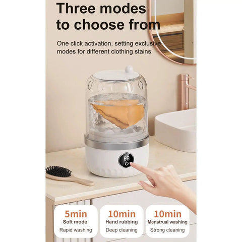 Slick Portable Laundry Wash Cup For Travel And Business Trips Compact Clothes Cleaner with three cleaning modes on display.