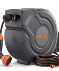Heavy Duty 130Ft Retractable Garden Hose Reel With Auto Lock Any Length Slow Return, wall mounted with nozzle, shown side view